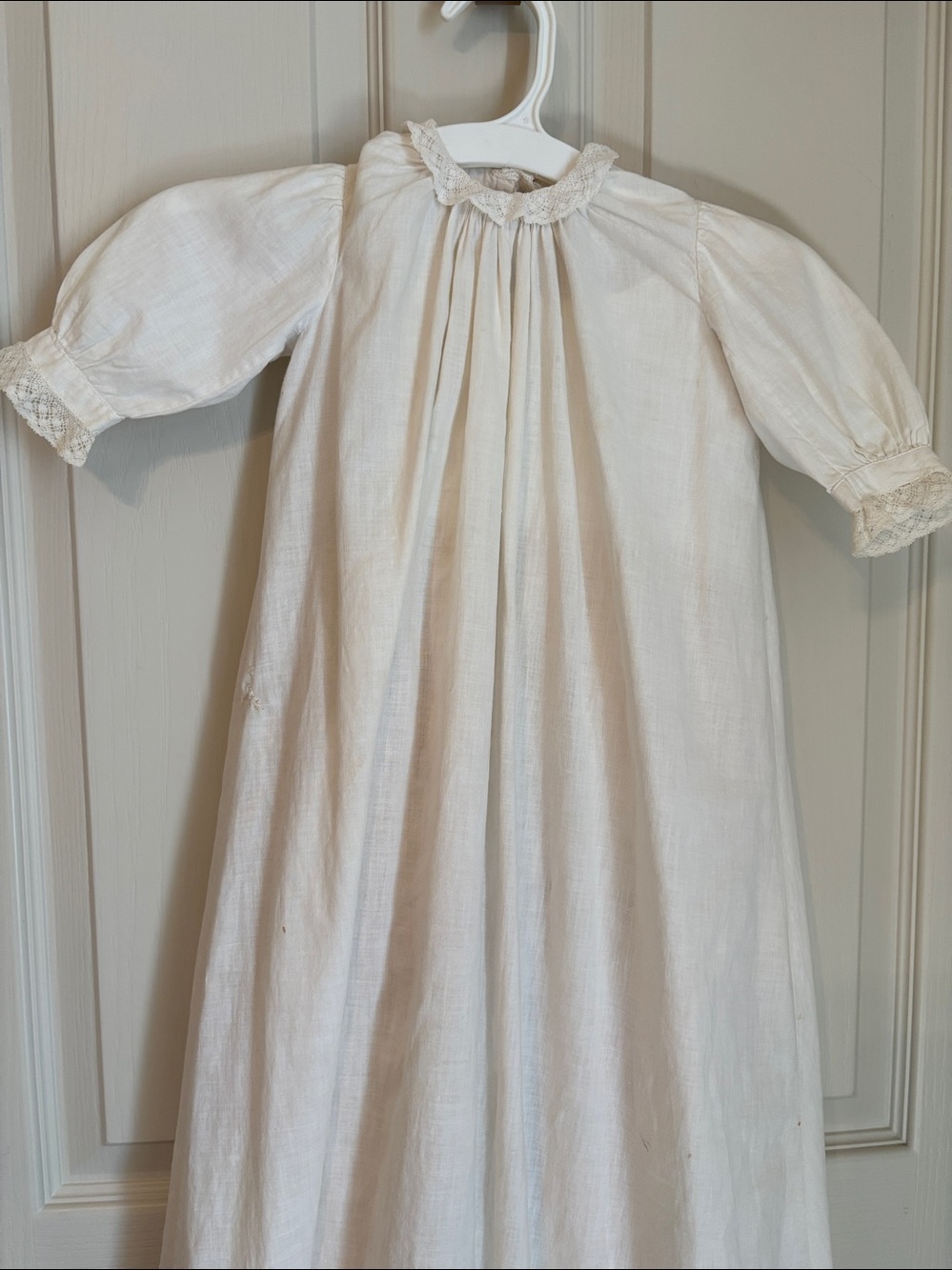 Hand Crafted  antique White/ cream Christening gown with Lace Trim